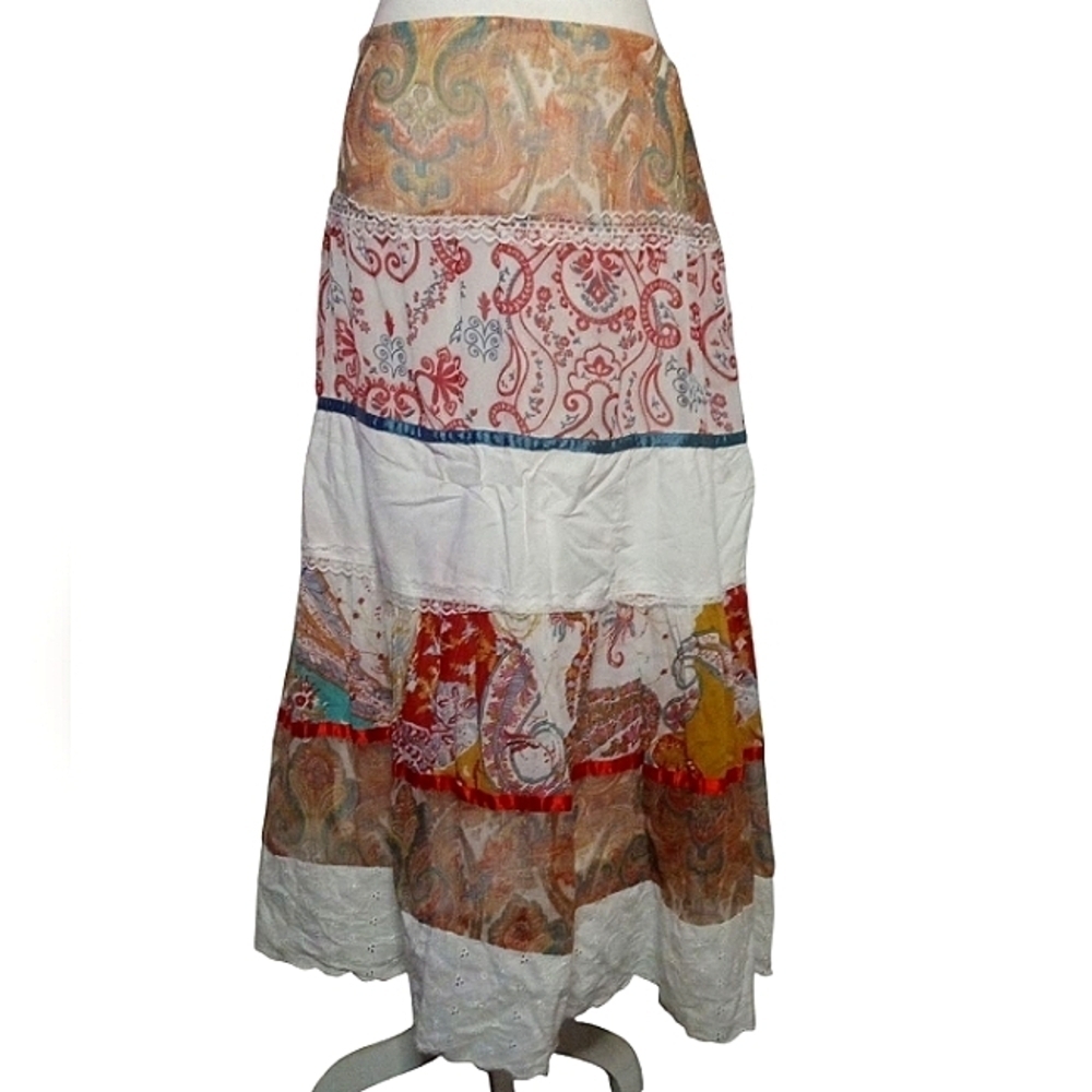Vintage A.M.I Tiered Mixed Media Paisley Ruffle Hem Maxi Skirt Lace Size 12